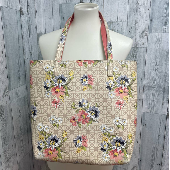 Blue Pink Daisy Flower Floral Trellis Vinyl Double Handle Tote Bag Handbag Purse - Picture 1 of 5